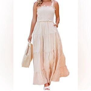 NWOT- Petal and Pup gingham tie strap smock tiered maxi dress, tan/white, size 6